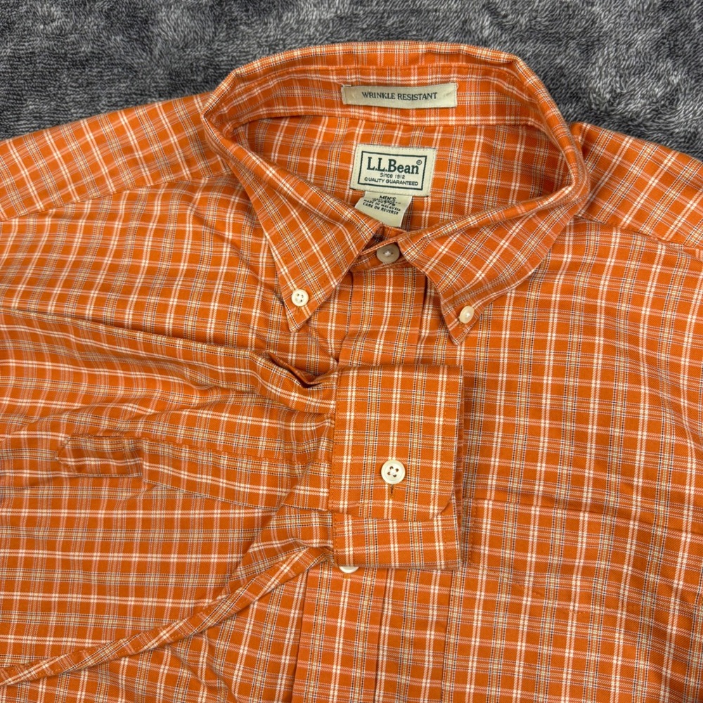 LL Bean Button Down Shirt Mens L Orange Plaid Wrinkle Resistant Cotton LS
